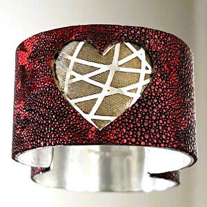 Rustic Cuff Red Stingray with Etched Heart Stainless Steel Signed 1.5" Wide